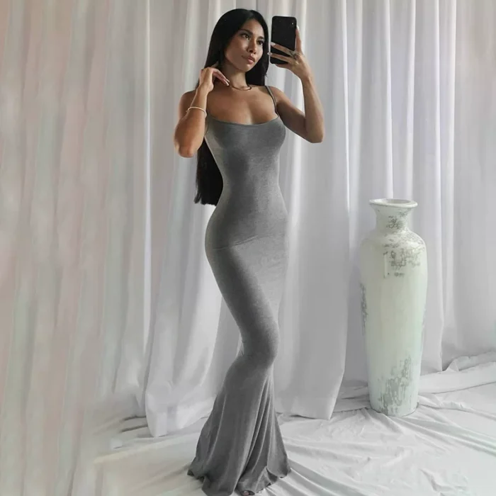 European and American ins fashion solid color high-end suspender dress Kardashian with the same slim bag hip mopping long skirt summer