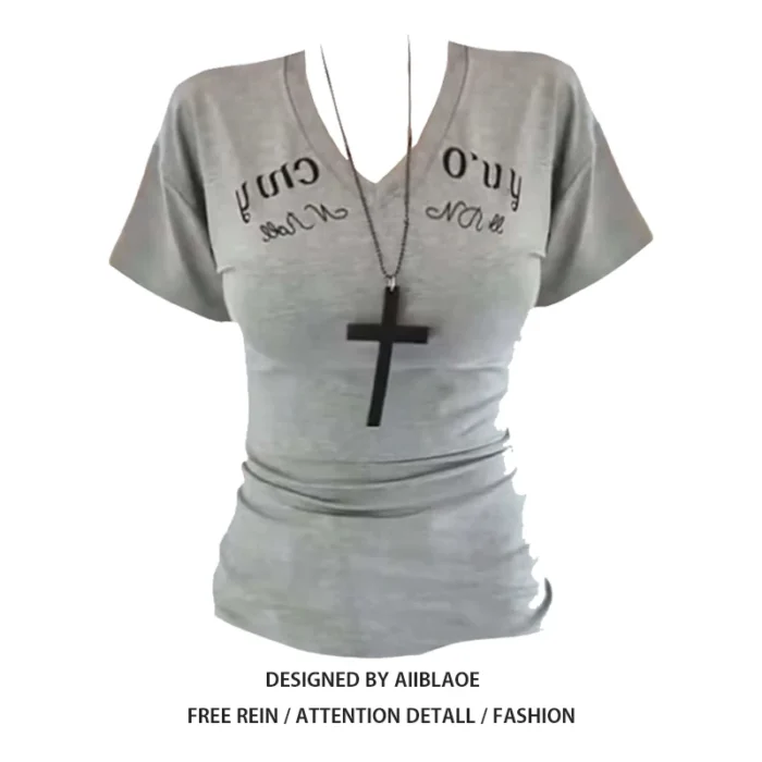 American hot girl monogram print V-neck straight shoulder short-sleeved T-shirt summer design sense slim slim waist gray top