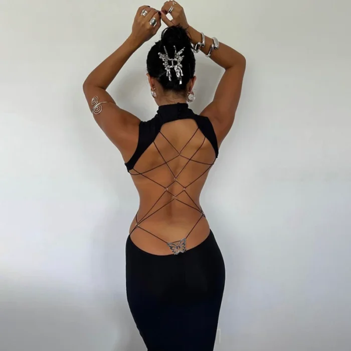 instunning European and American metal butterfly cut-out backless dress female hottie style thin slit long skirt