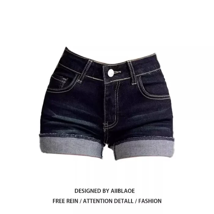 American cuffed sexy denim shorts female summer hotties low-rise slimming blue-gray stretch straight skinny hot pants