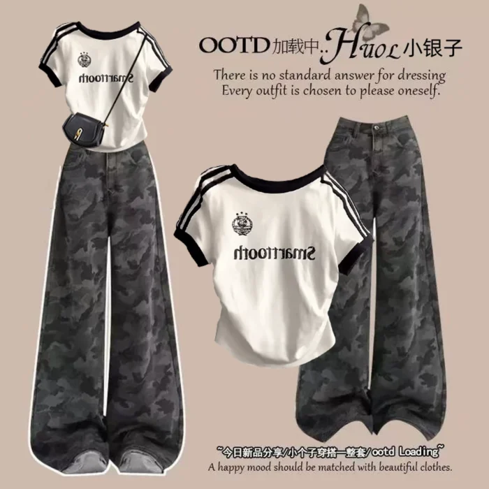 American retro fried street high-waisted camouflage jeans suit female hot girl short-sleeved T-shirt two-piece set with a complete set