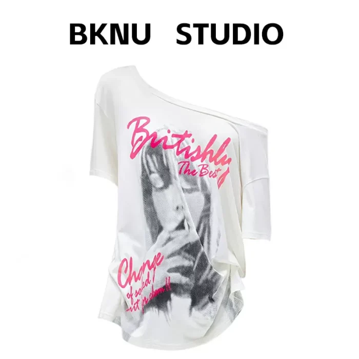 American hot girl slanted shoulder short-sleeved T-shirt female summer portrait print loose slimming design off-the-shoulder inner top