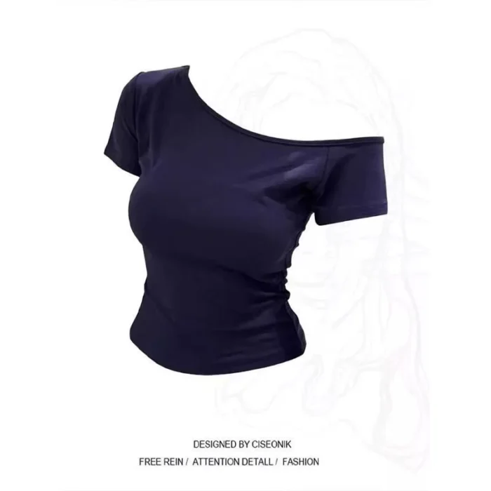 American hot girl style slanted shoulder short-sleeved T-shirt women's 2026 spring/summer new slim slimming short solid color top women's trend