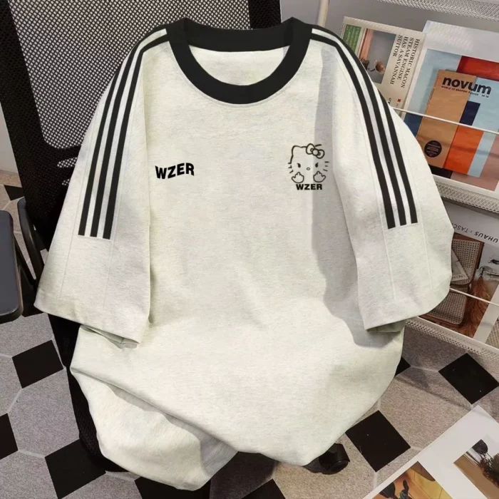 American retro short-sleeved t-shirt women's summer design sense niche loose three-bar top national tide men's and women's couples