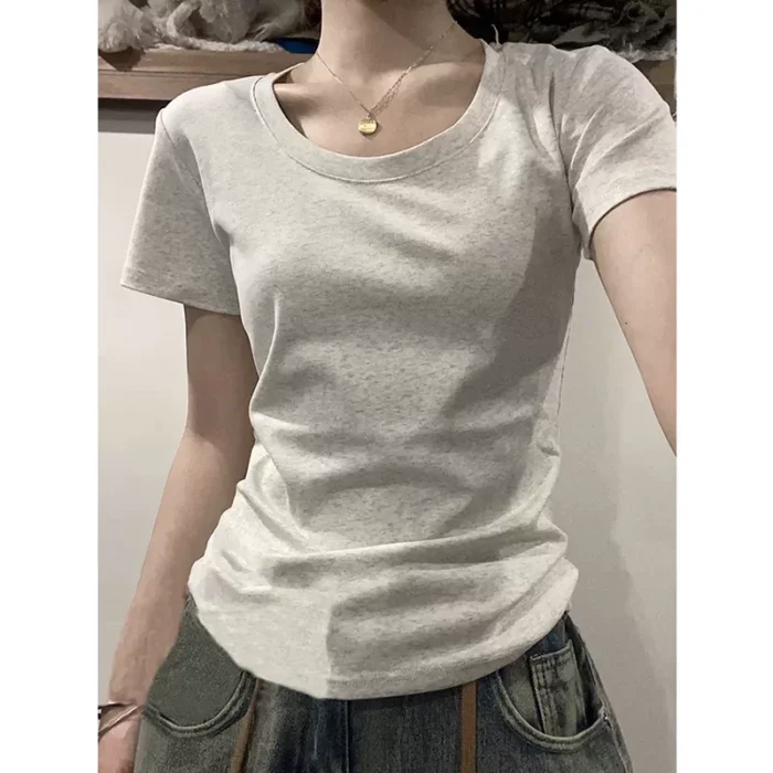 American Shoulder Short Sleeve T-Shirt Women's 2026 New Summer Inner Short Skinny Slim Top Design Niche Style